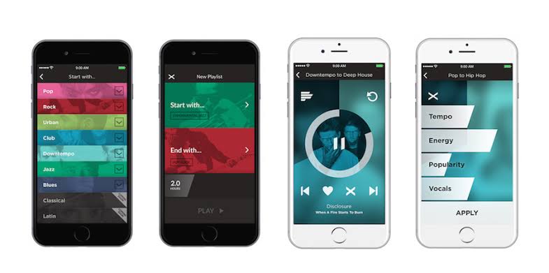 Four phone screens from the 2014 app. Choosing a starting genre, setting a start point, end point and a two hour duration, a now playing screen for a Downtempo to Deep House journey, and sliders for tempo, energy, popularity and vocals.